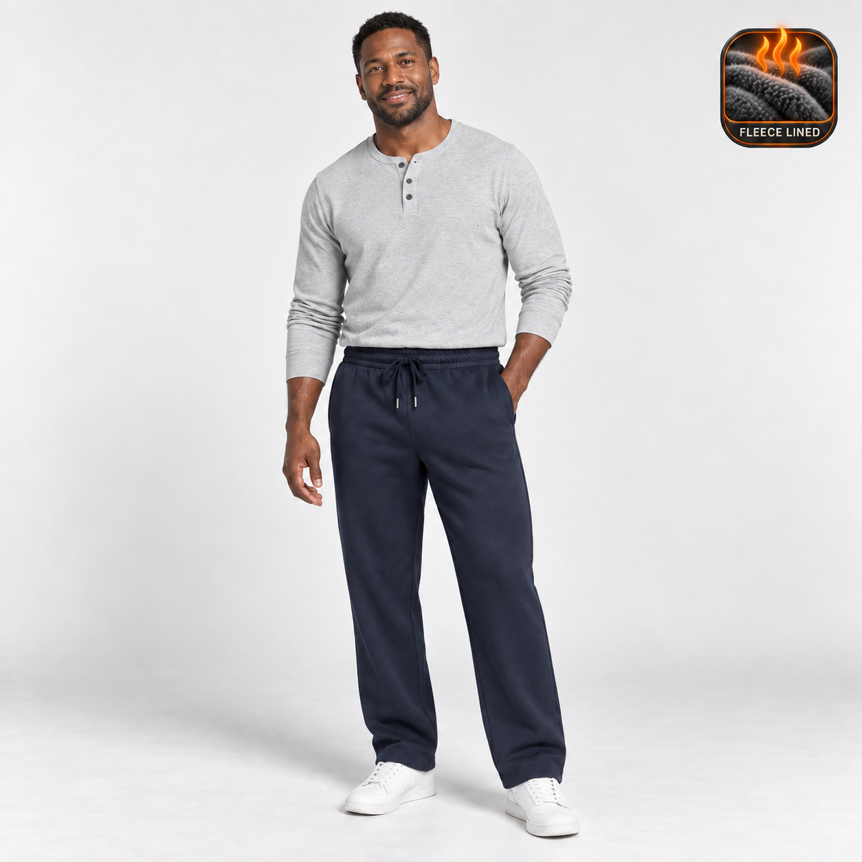 Full-body clean-studio front try-on of Midnight Navy fleece-lined open-hem sweatpants