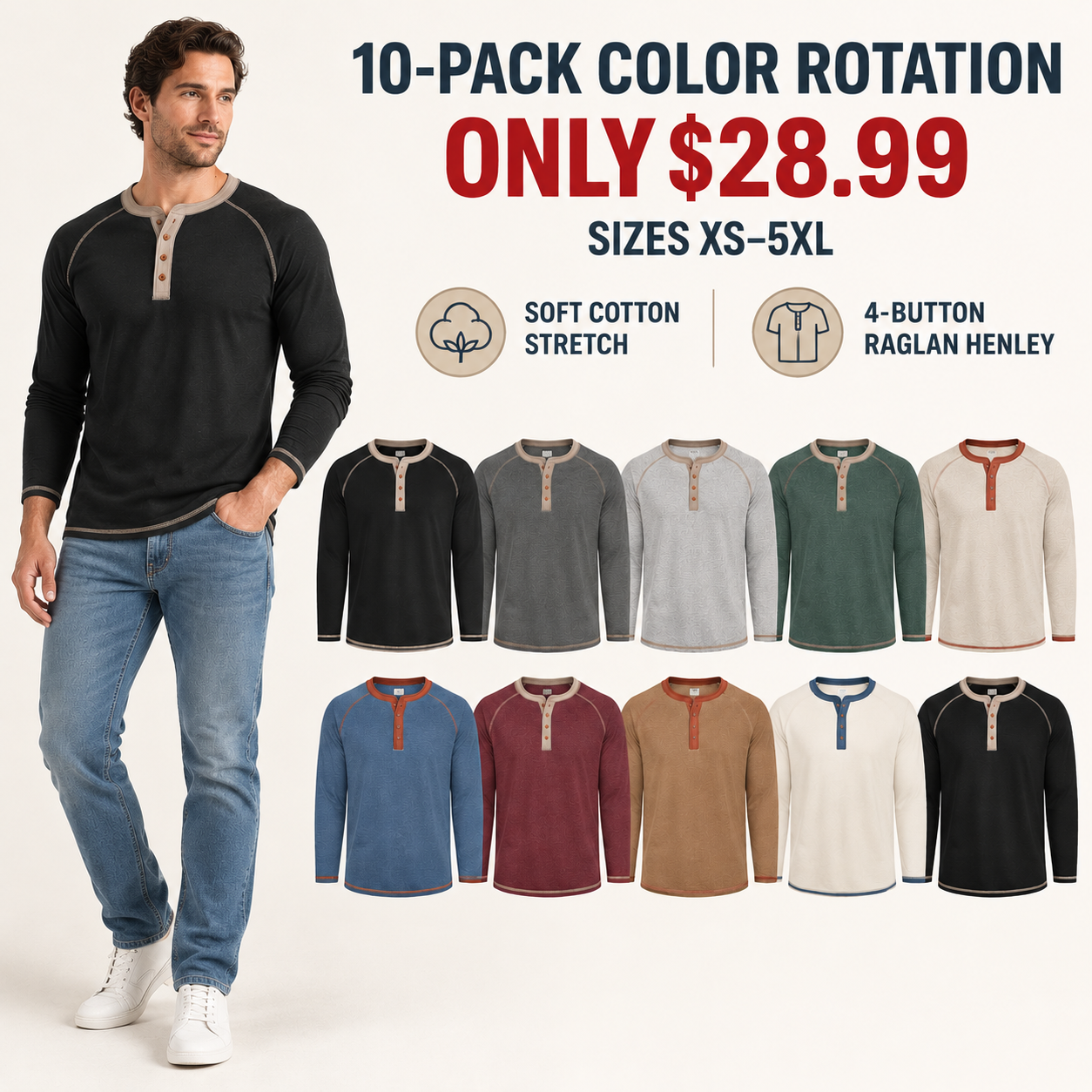 Ten mens raglan Henley shirts in nine colors with model, 10-Pack, USD 28.99, sizes XS to 5XL