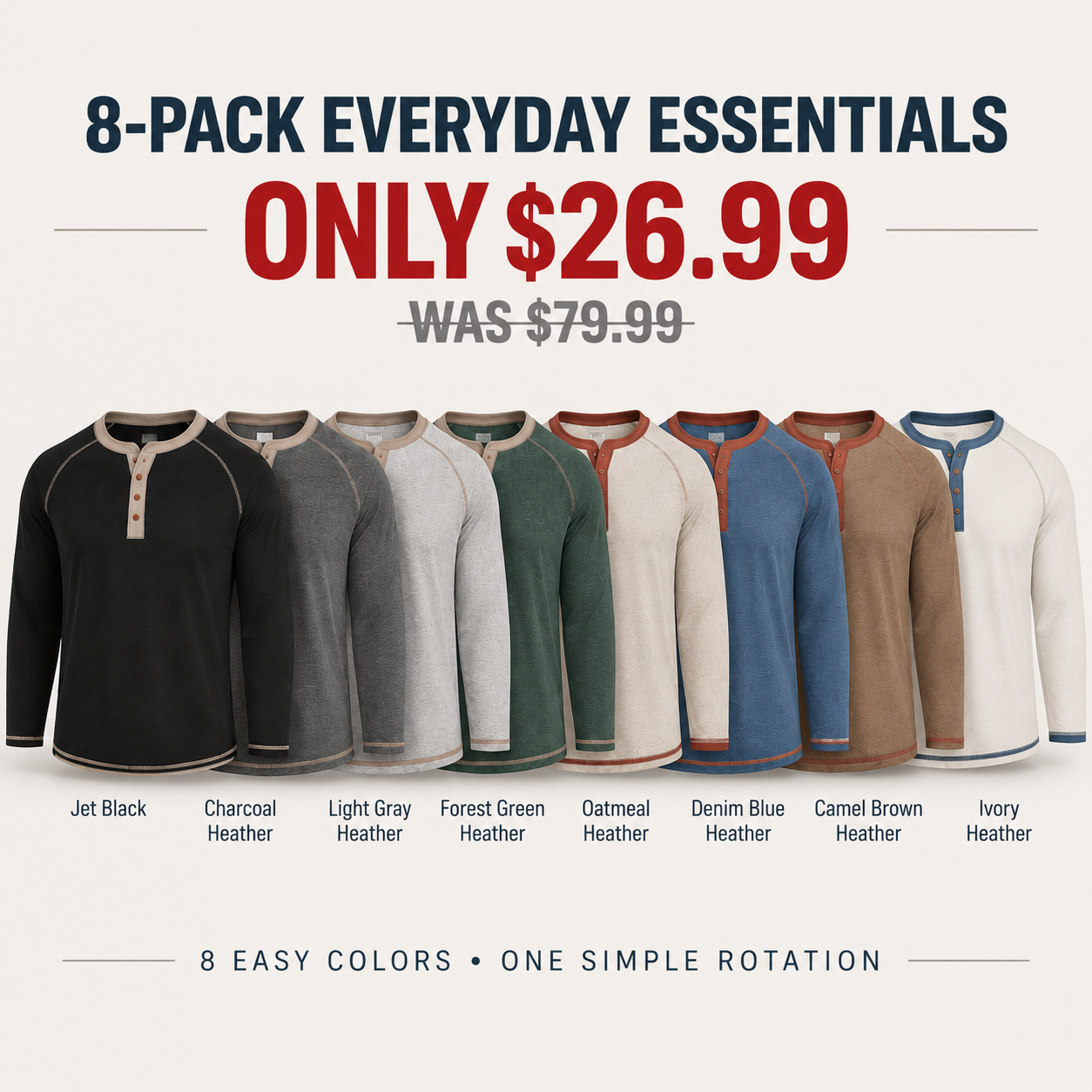 Eight mens raglan Henley shirts in the Everyday Essentials color set, 8-Pack, USD 26.99