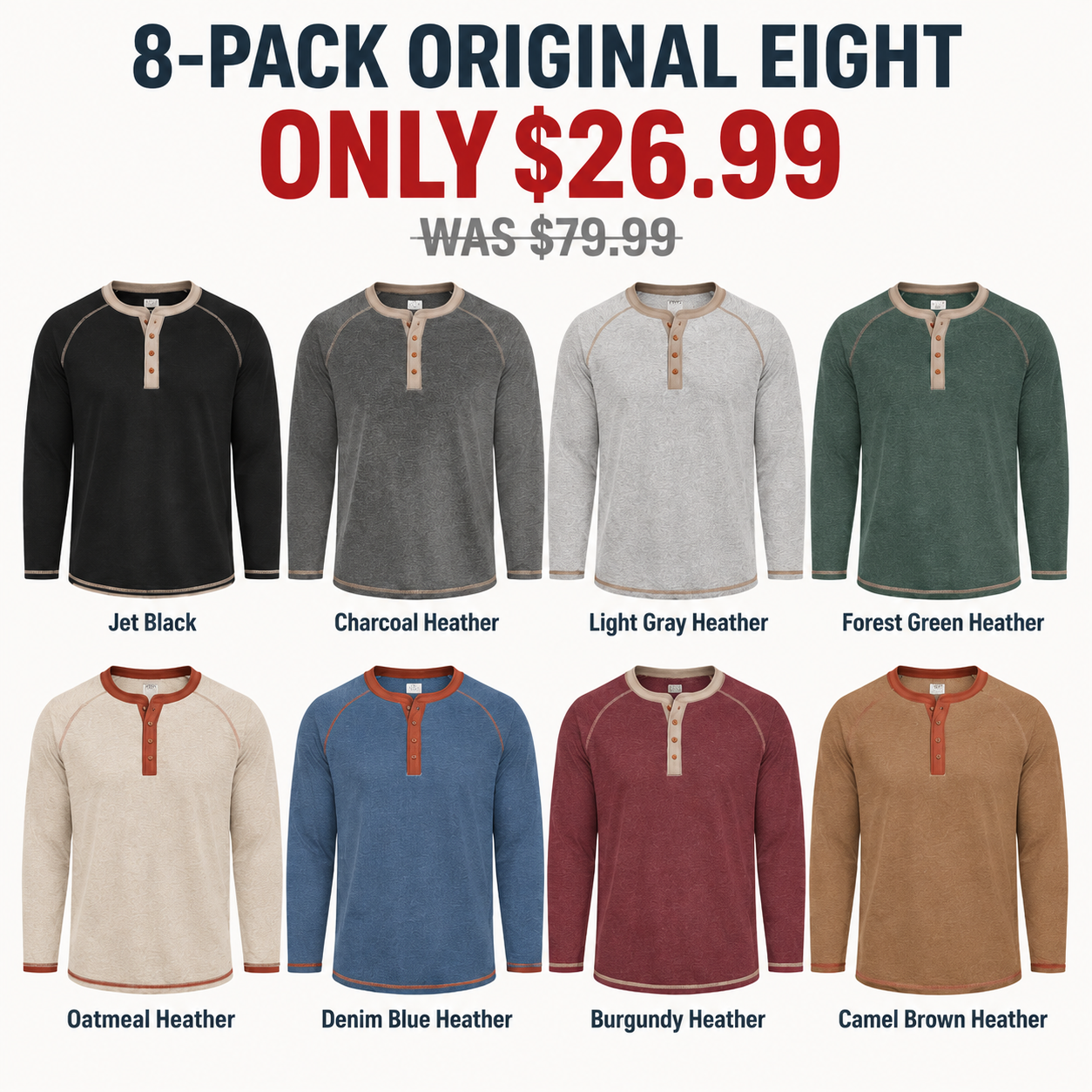 Eight mens raglan Henley shirts in the Original Eight color set, 8-Pack, USD 26.99