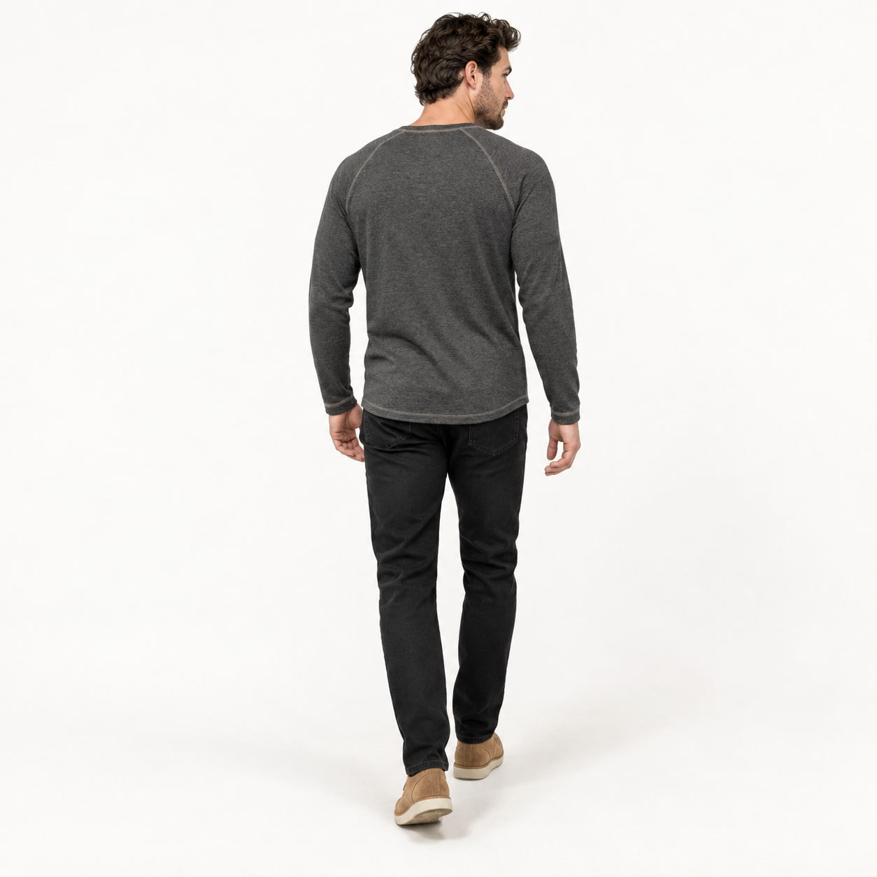 Man wearing the Charcoal Heather raglan Henley shirt, clean studio plain back view