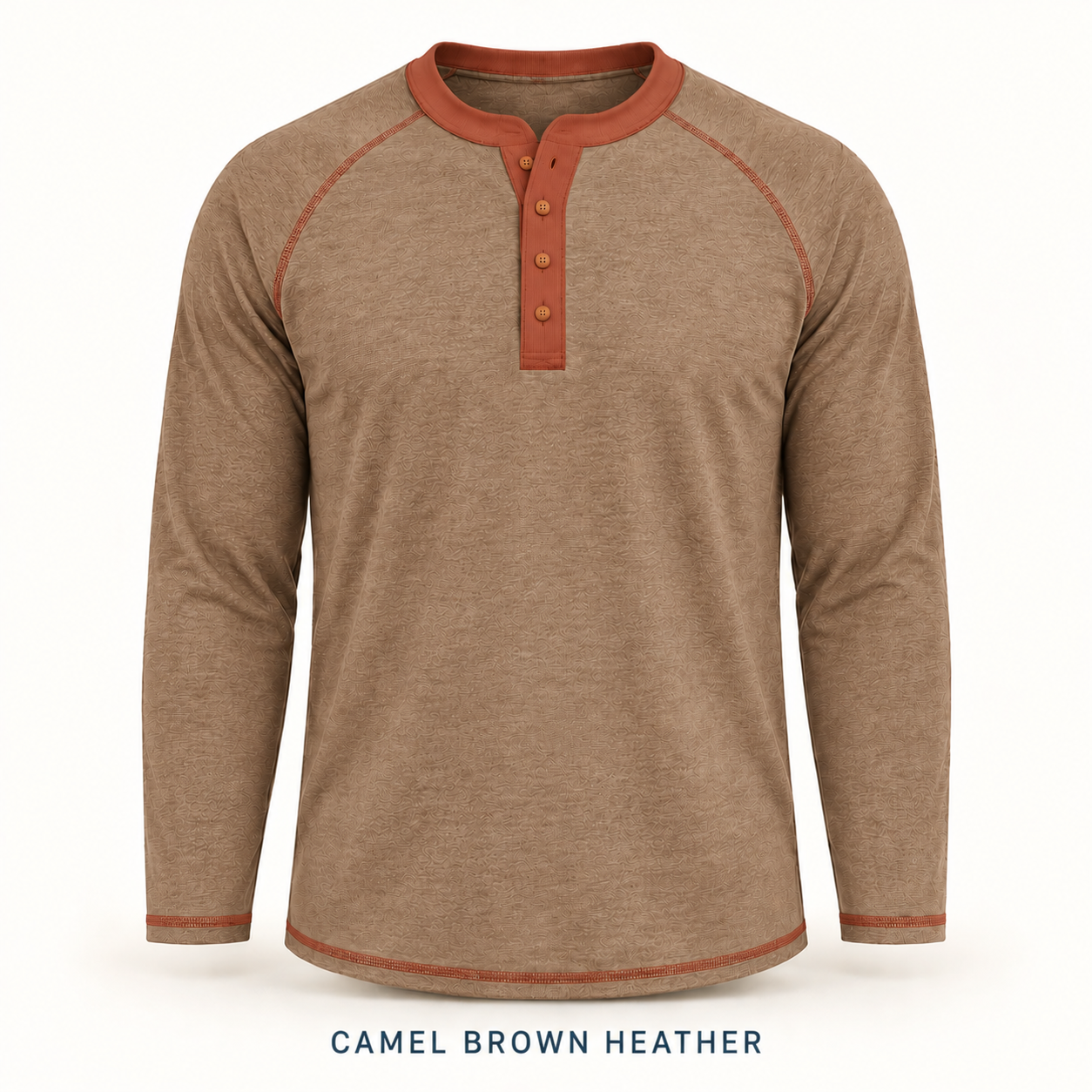 Single Camel Brown Heather four-button raglan Henley shirt, front and back