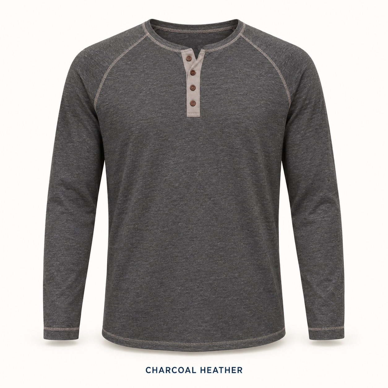 Single Charcoal Heather four-button raglan Henley shirt, front and back