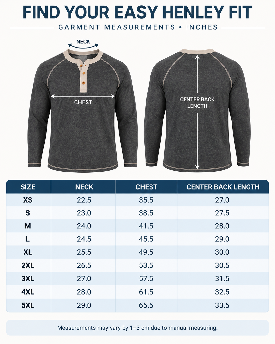 XS to 5XL garment size chart