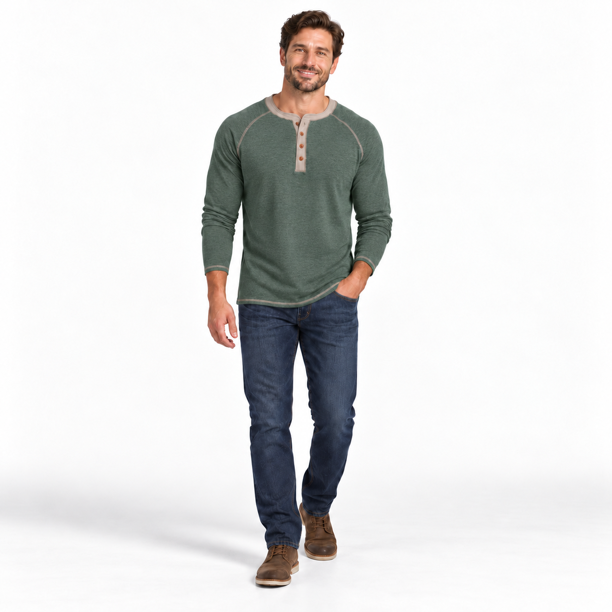 Man wearing the Forest Green Heather four-button raglan Henley shirt, clean studio front view