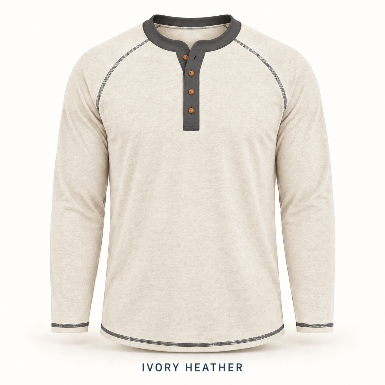 Single Ivory Heather four-button raglan Henley shirt, front and back