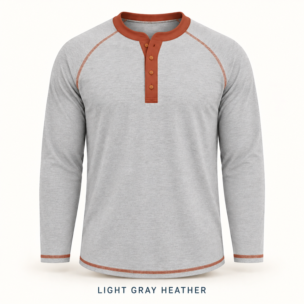 Single Light Gray Heather four-button raglan Henley shirt, front and back