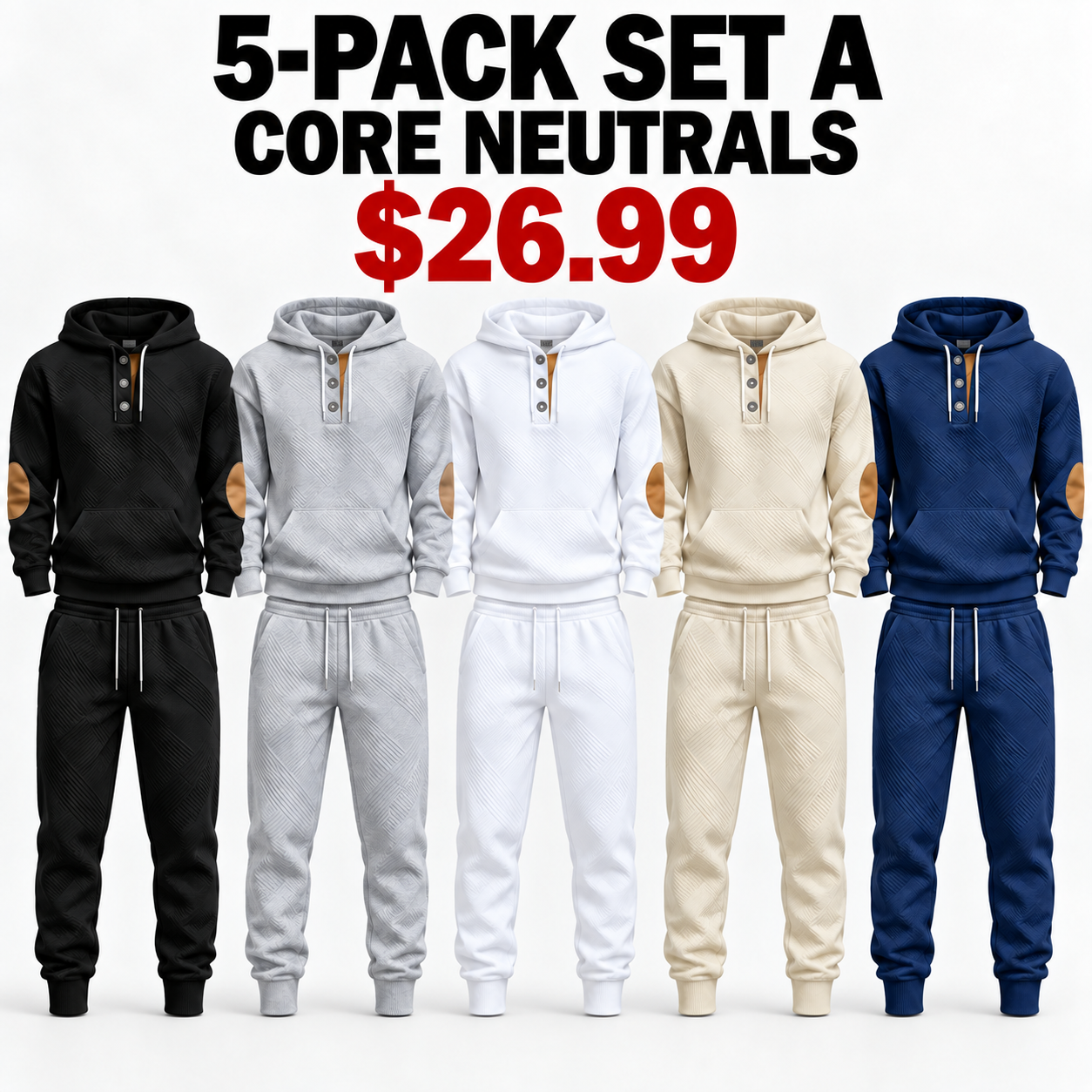 Black, Gray, White, Khaki and Treasure Blue tracksuits, 5-Pack Core Neutrals, $26.99