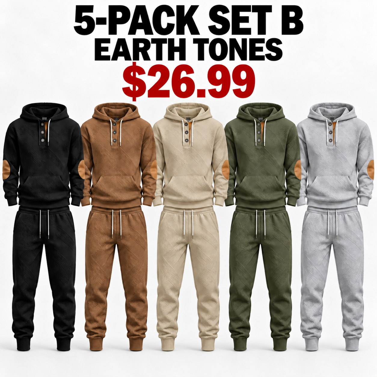 Black, Caramel, Khaki, Army Green and Gray tracksuits, 5-Pack Earth Tones, $26.99