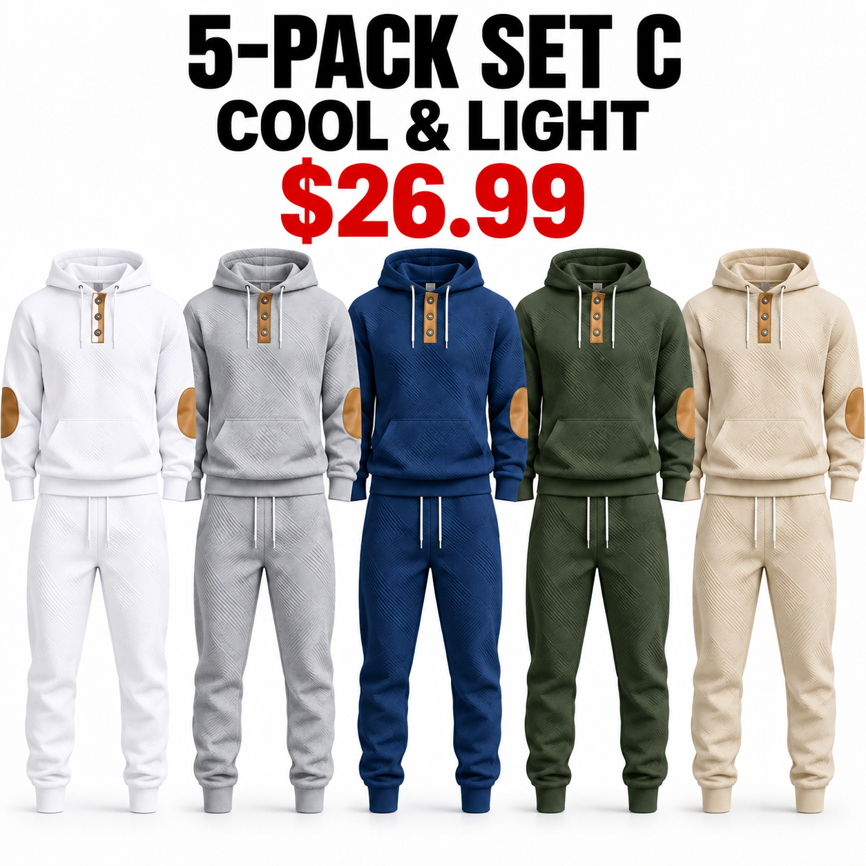 White, Gray, Treasure Blue, Army Green and Khaki tracksuits, 5-Pack Cool and Light, $26.99