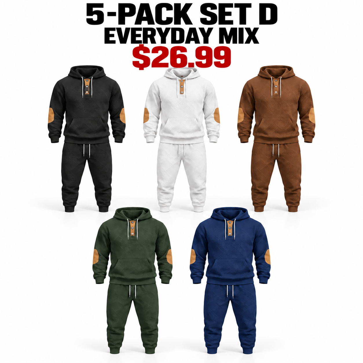 Black, White, Caramel, Army Green and Treasure Blue tracksuits, 5-Pack Everyday Mix, $26.99