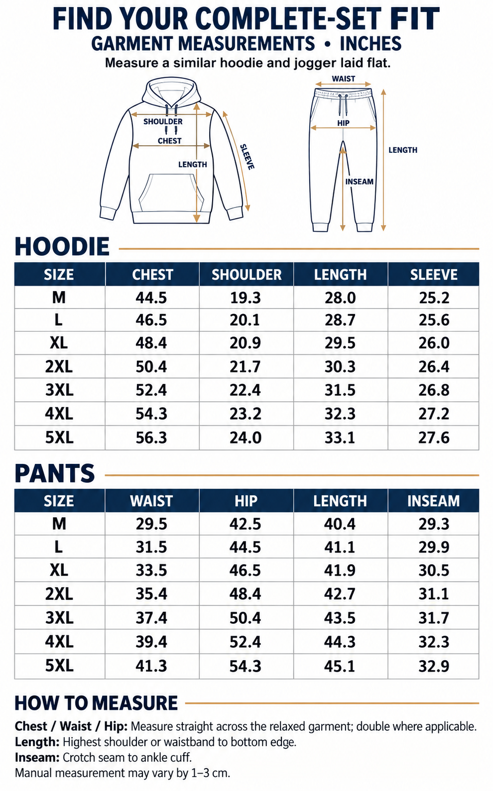 Complete M to 5XL hoodie and pants garment measurement chart in inches