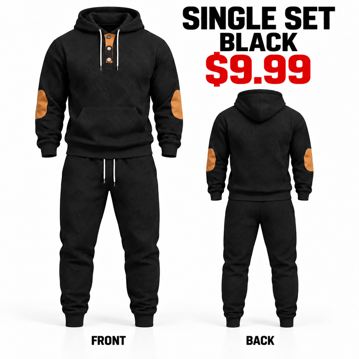 Black men textured hoodie and jogger tracksuit set, front and plain back views