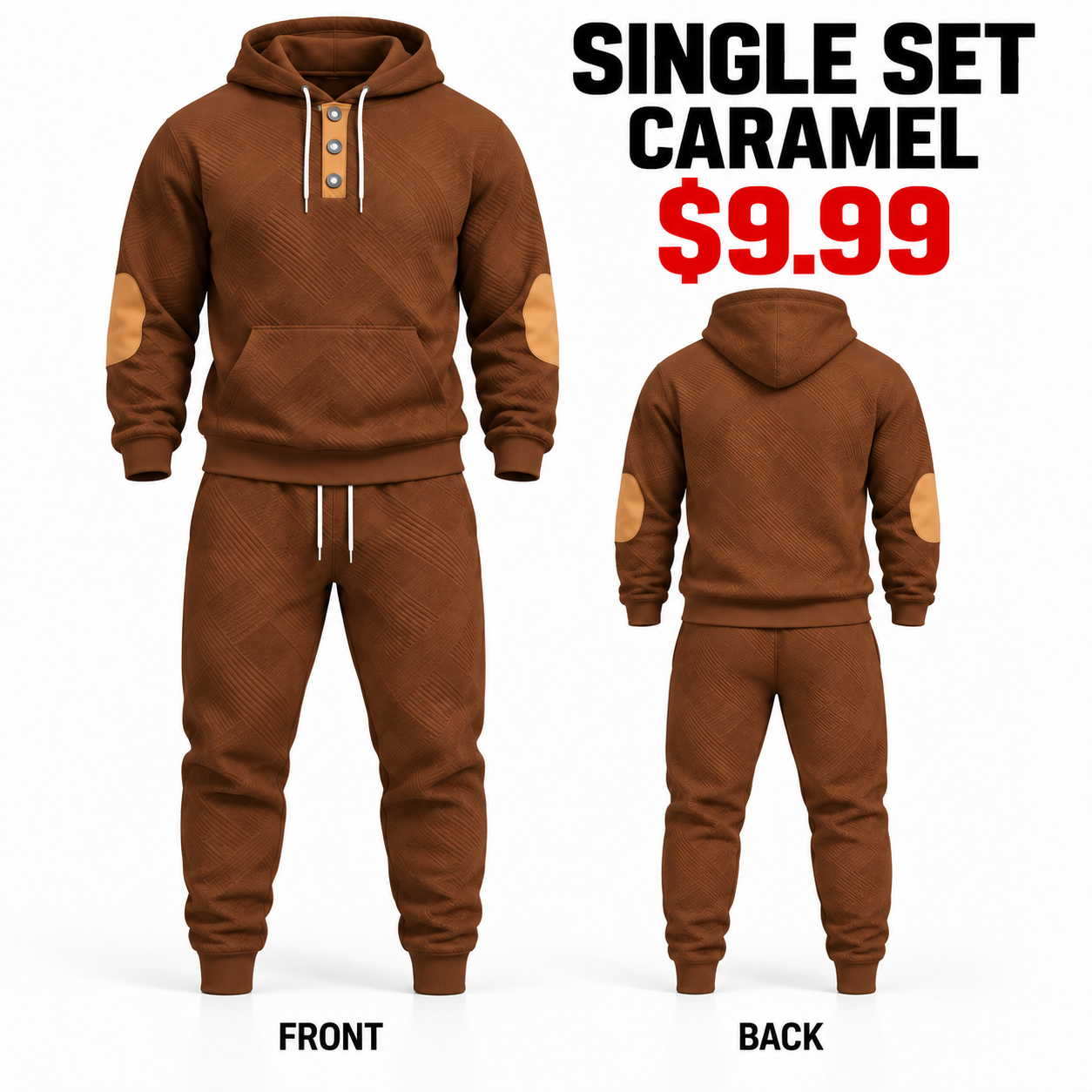 Caramel men textured hoodie and jogger tracksuit set, front and plain back views