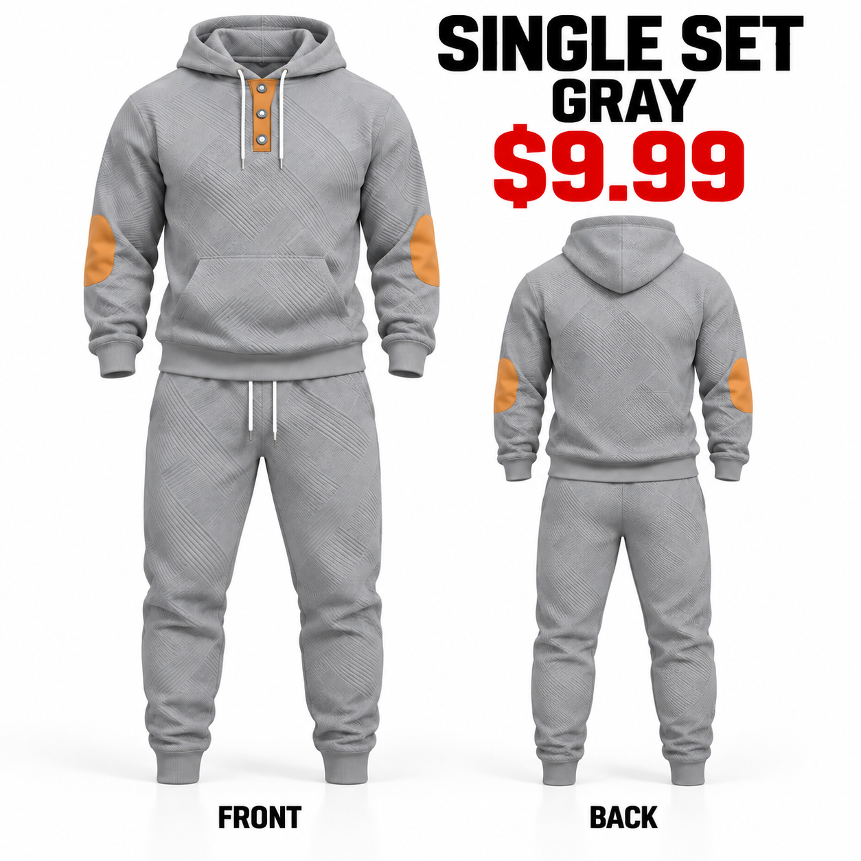 Gray men textured hoodie and jogger tracksuit set, front and plain back views
