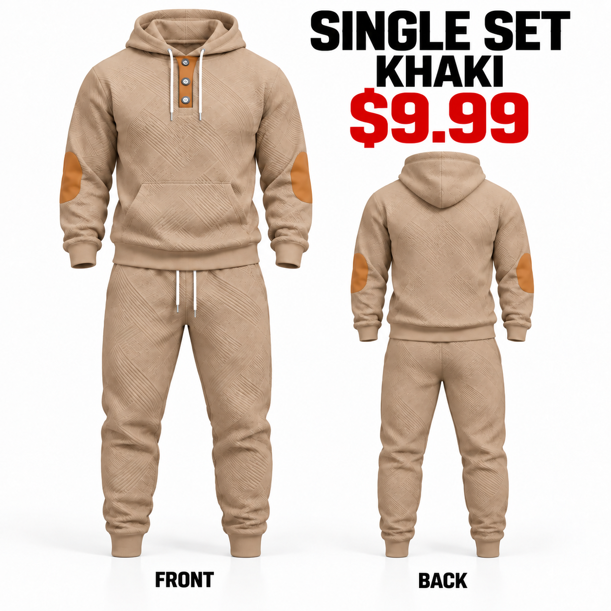 Khaki men textured hoodie and jogger tracksuit set, front and plain back views
