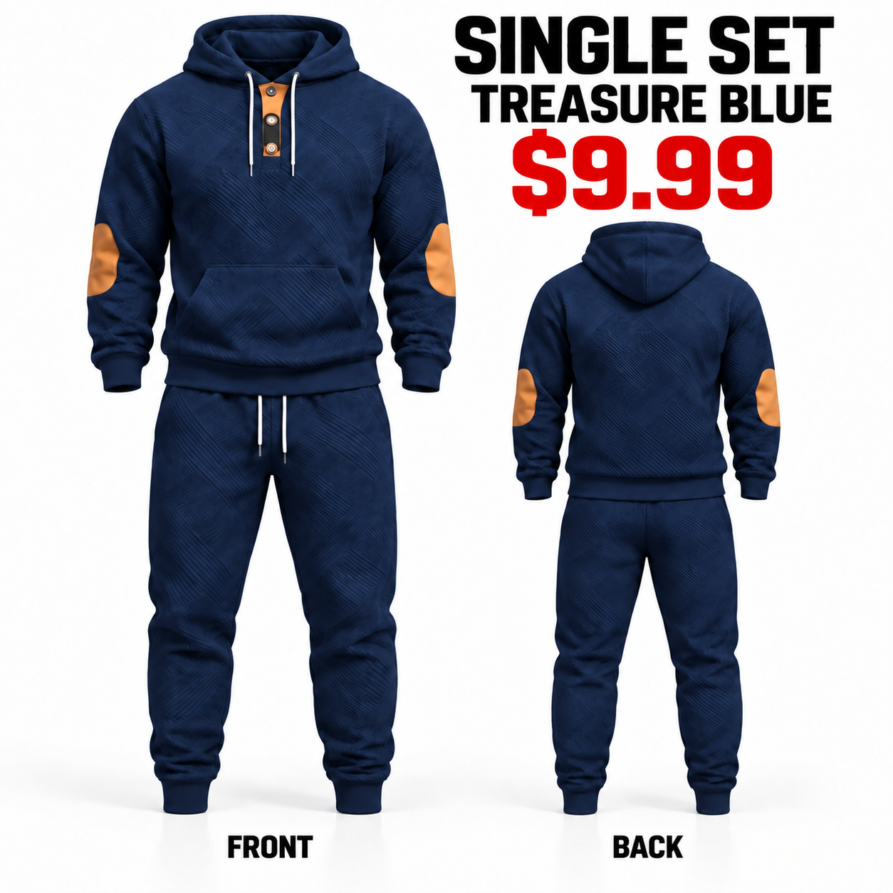 Treasure Blue men textured hoodie and jogger tracksuit set, front and plain back views