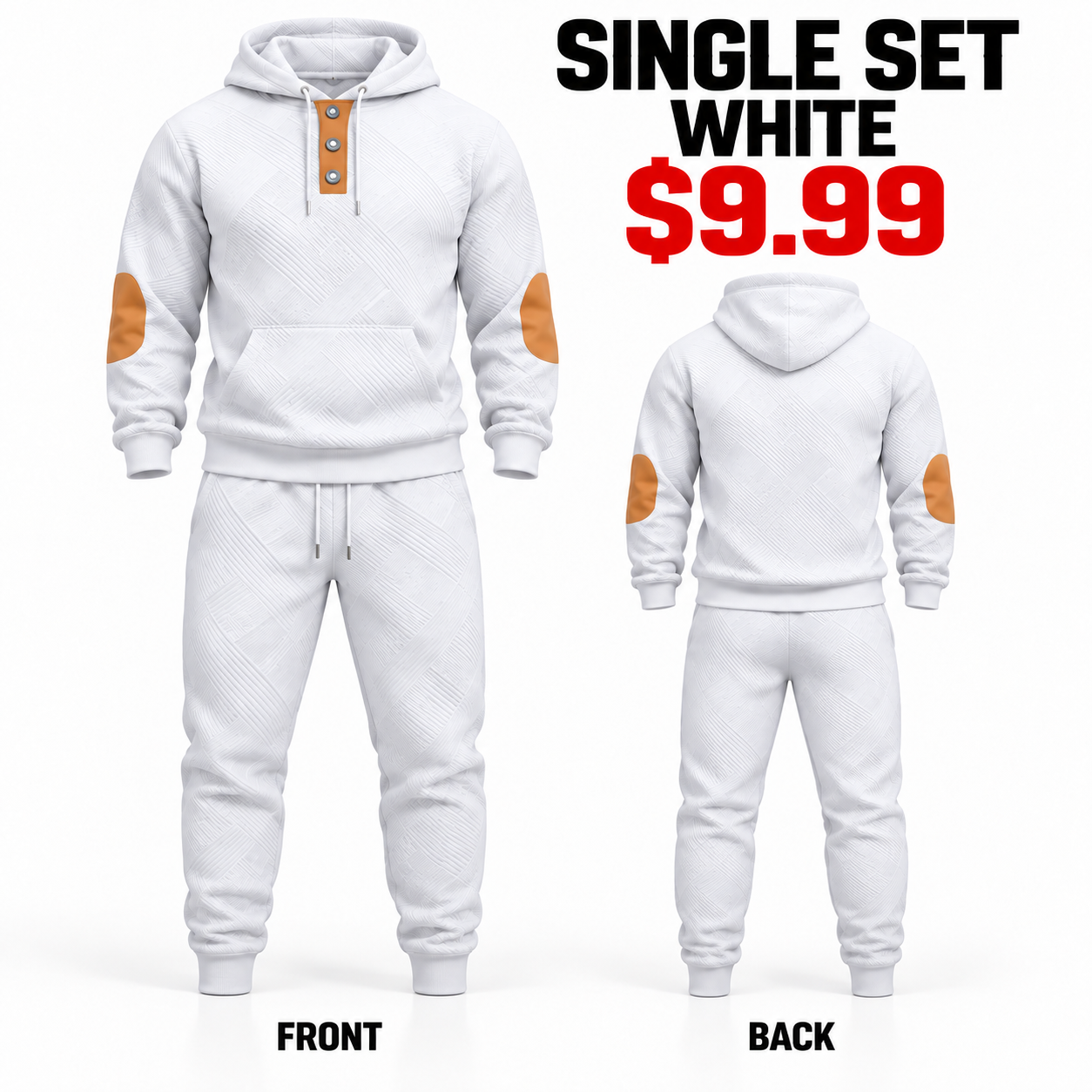 White men textured hoodie and jogger tracksuit set, front and plain back views