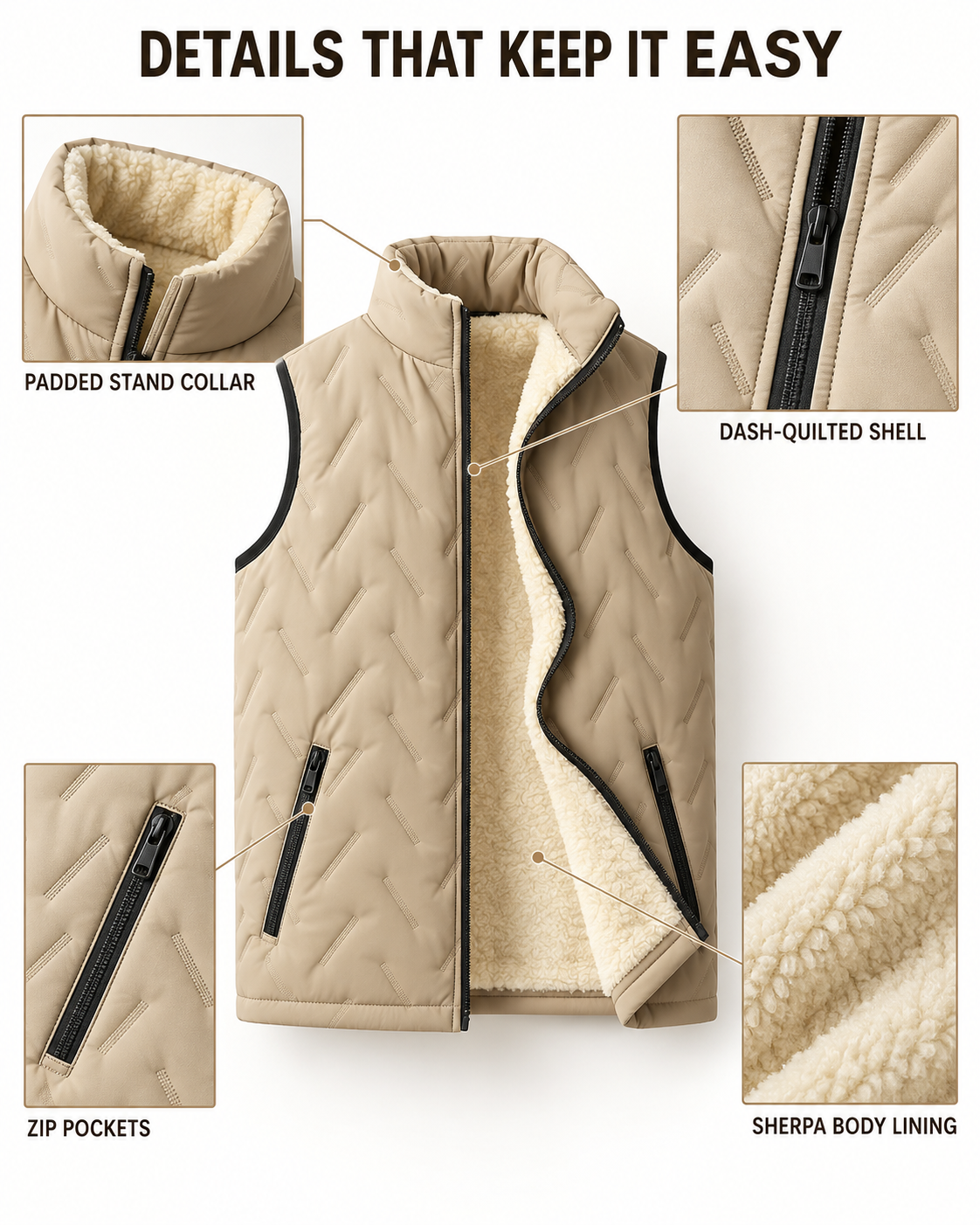 Vest construction details including collar, quilting, zip pockets and sherpa lining