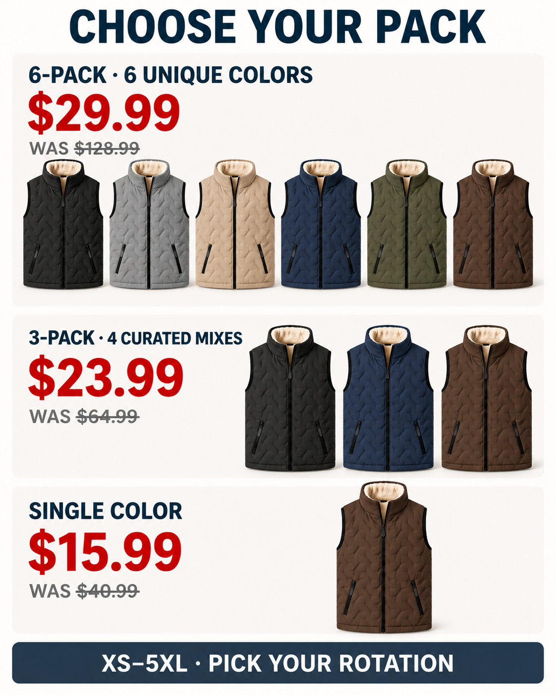 Choose Your Pack guide with six unique colors, four 3-Pack mixes and single-color options