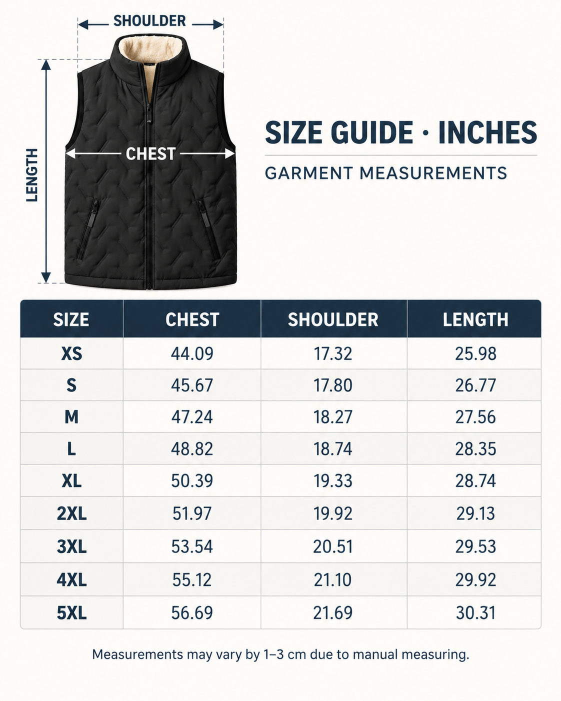 Product-only measurement diagram and XS to 5XL size guide