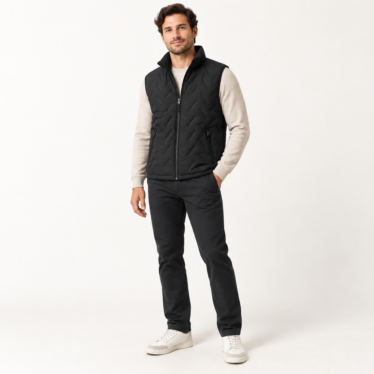 Man wearing the Black sherpa-lined quilted vest, studio front view