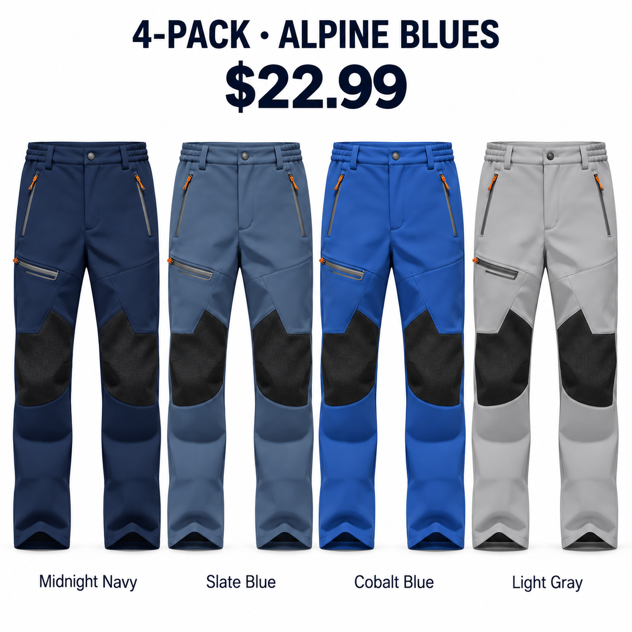 Midnight Navy, Slate Blue, Cobalt Blue and Light Gray softshell winter pants, 4-Pack Alpine Blues, $22.99