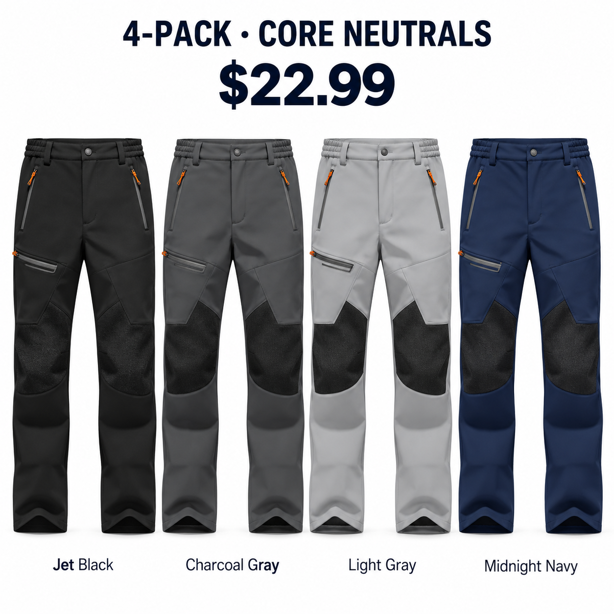 Jet Black, Charcoal Gray, Light Gray and Midnight Navy softshell winter pants, 4-Pack Core Neutrals, $22.99