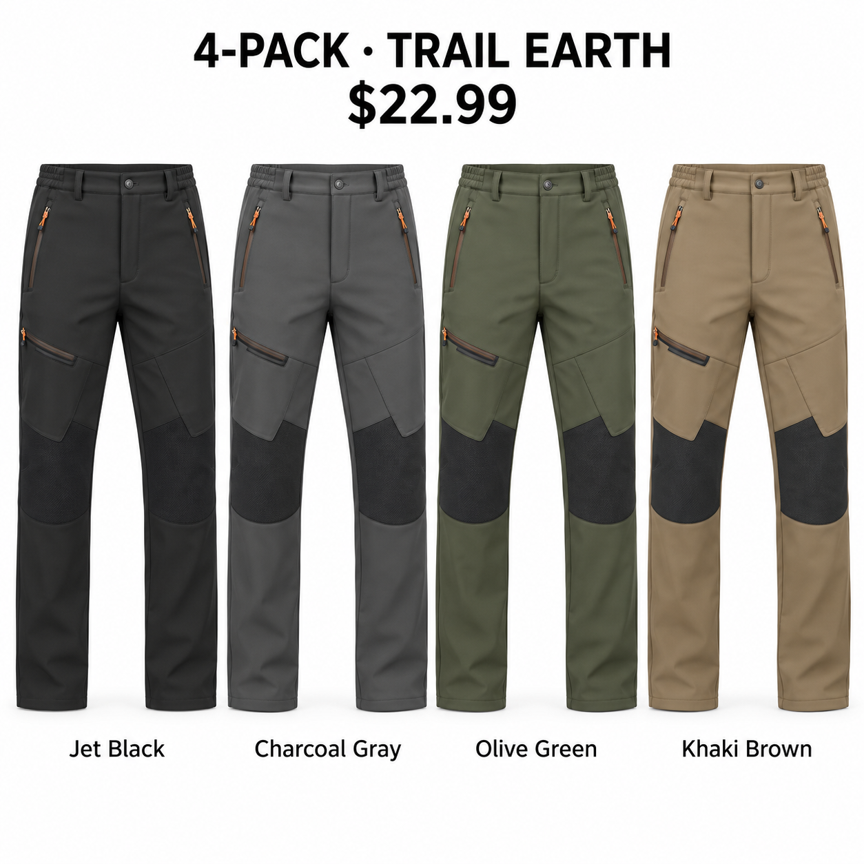 Jet Black, Charcoal Gray, Olive Green and Khaki Brown softshell winter pants, 4-Pack Trail Earth, $22.99