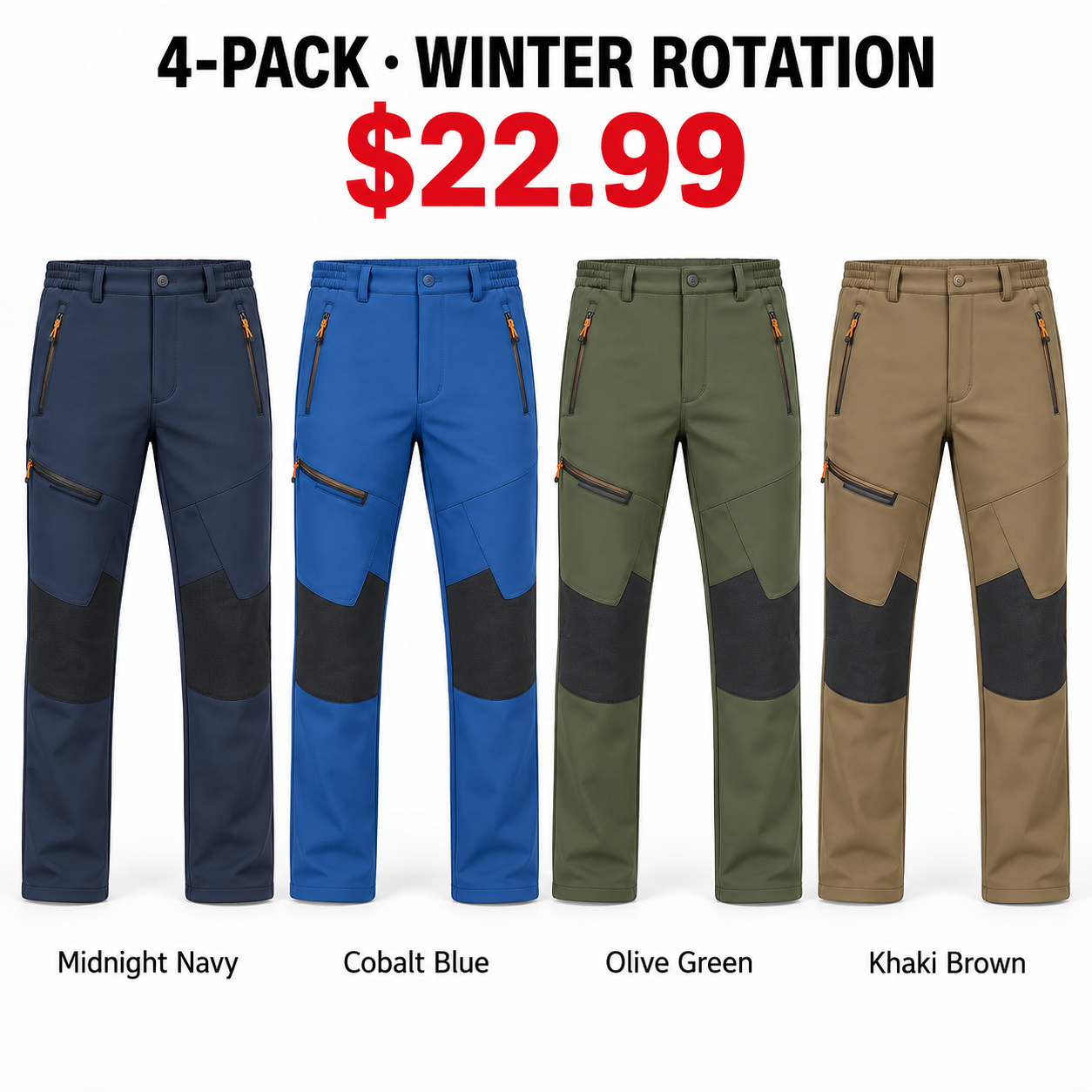 Midnight Navy, Cobalt Blue, Olive Green and Khaki Brown softshell winter pants, 4-Pack Winter Rotation, $22.99