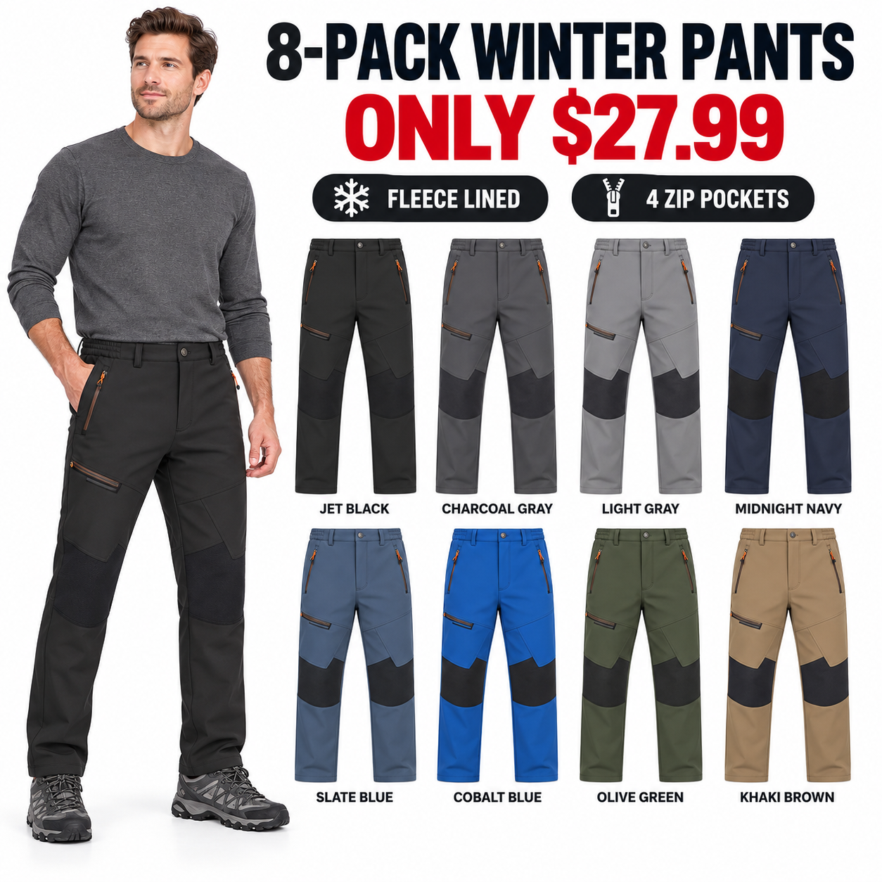 Men fleece-lined softshell winter pants 8-Pack, full-body studio model left and eight colors right, $27.99