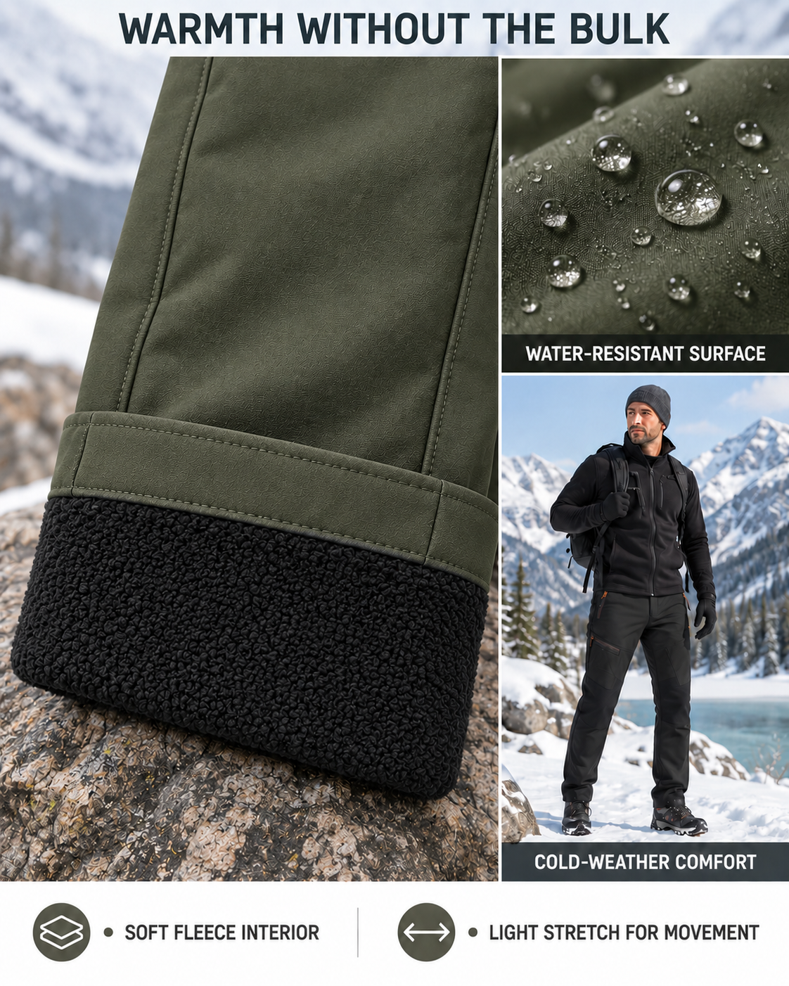 Turned-up cuff clearly reveals the black fleece interior while the olive softshell exterior stays smooth
