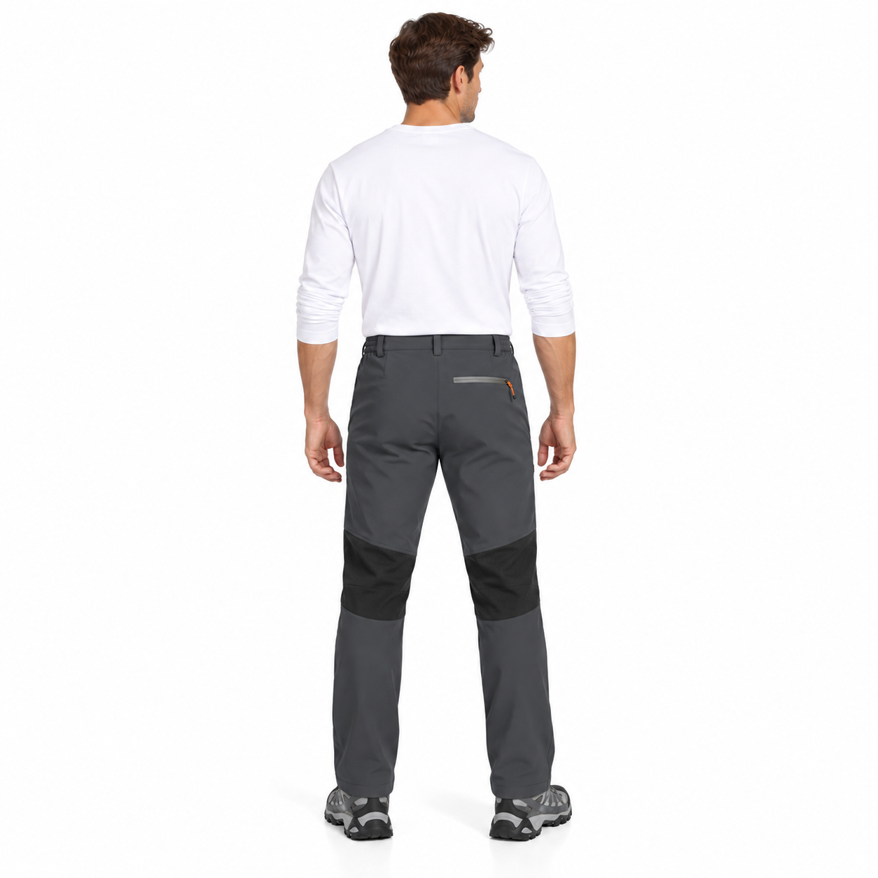 Full-body studio back view of Charcoal Gray fleece-lined softshell winter pants with one right-rear zipper pocket