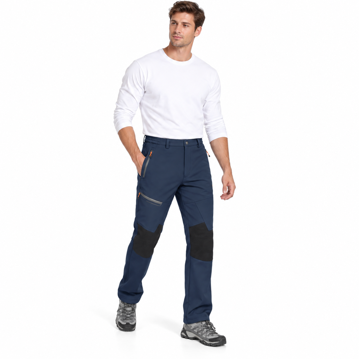 Full-body studio front view of Midnight Navy fleece-lined softshell winter pants