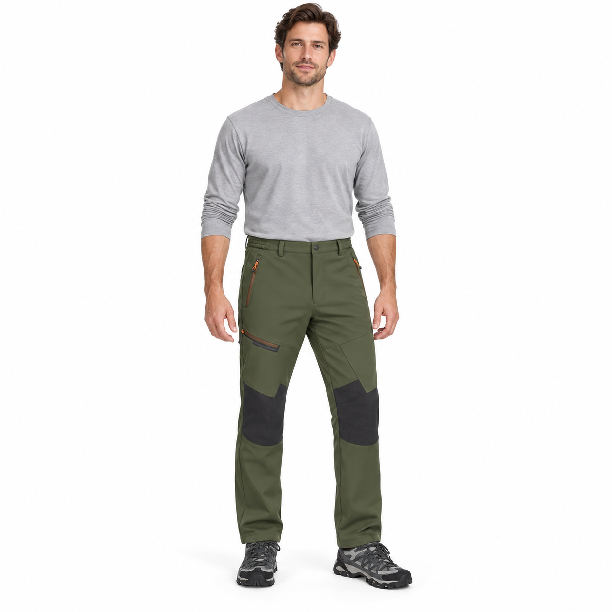 Full-body studio front view of Olive Green fleece-lined softshell winter pants