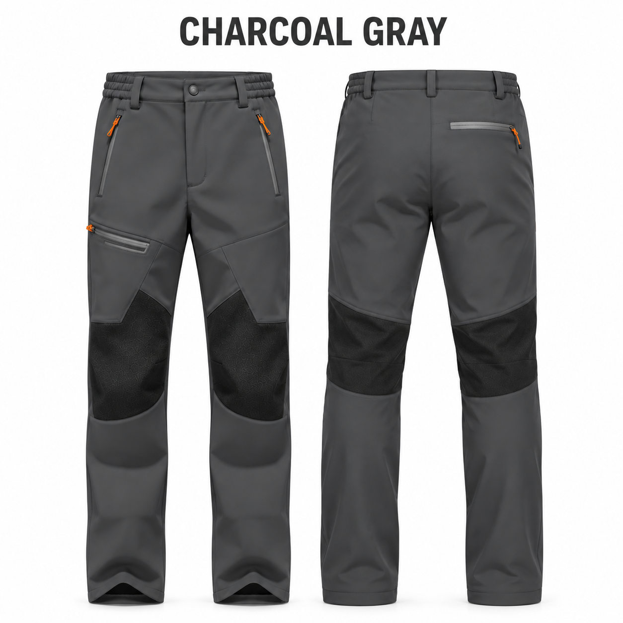 Charcoal Gray fleece-lined softshell winter pants, front and back product views, no price