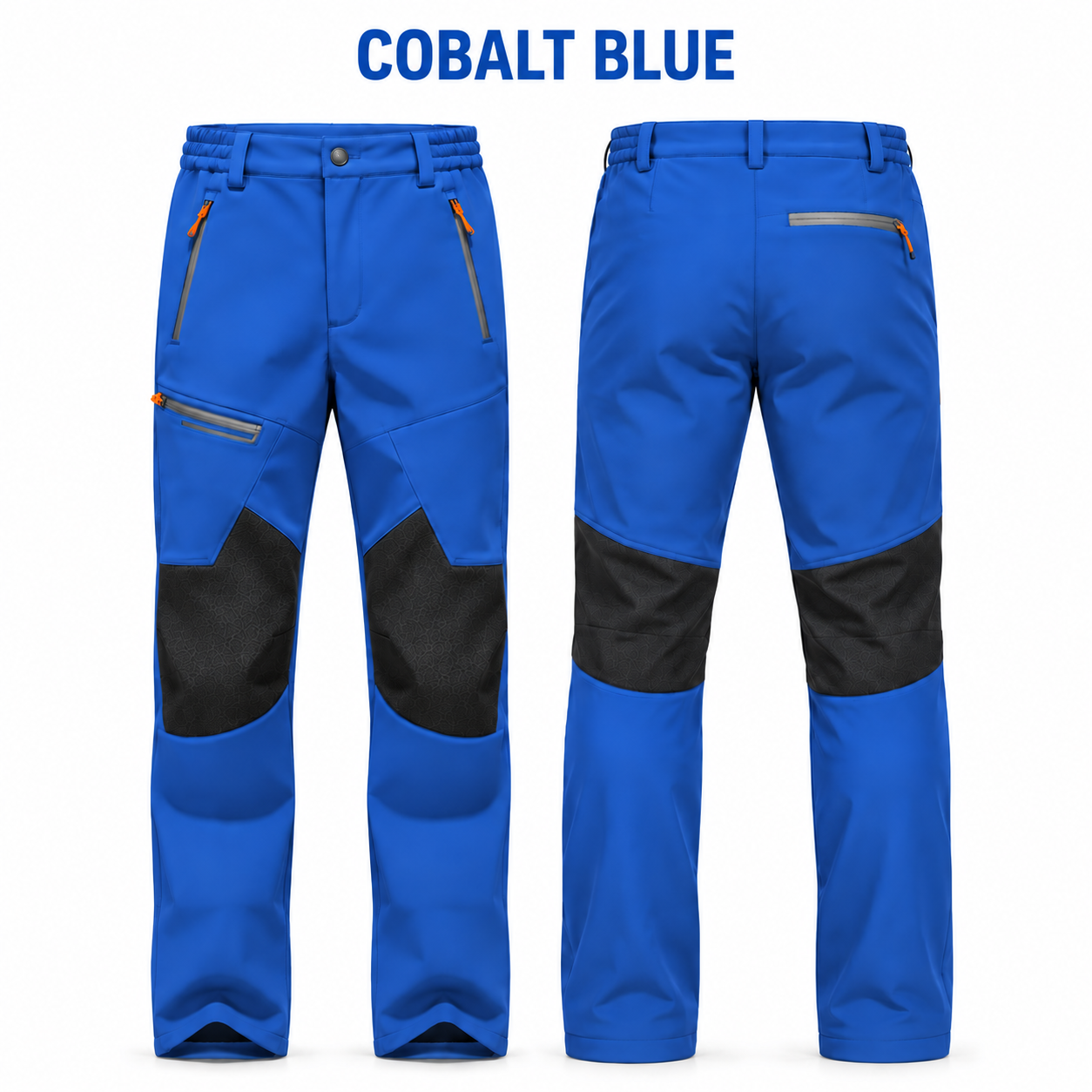 Cobalt Blue fleece-lined softshell winter pants, front and back product views, no price