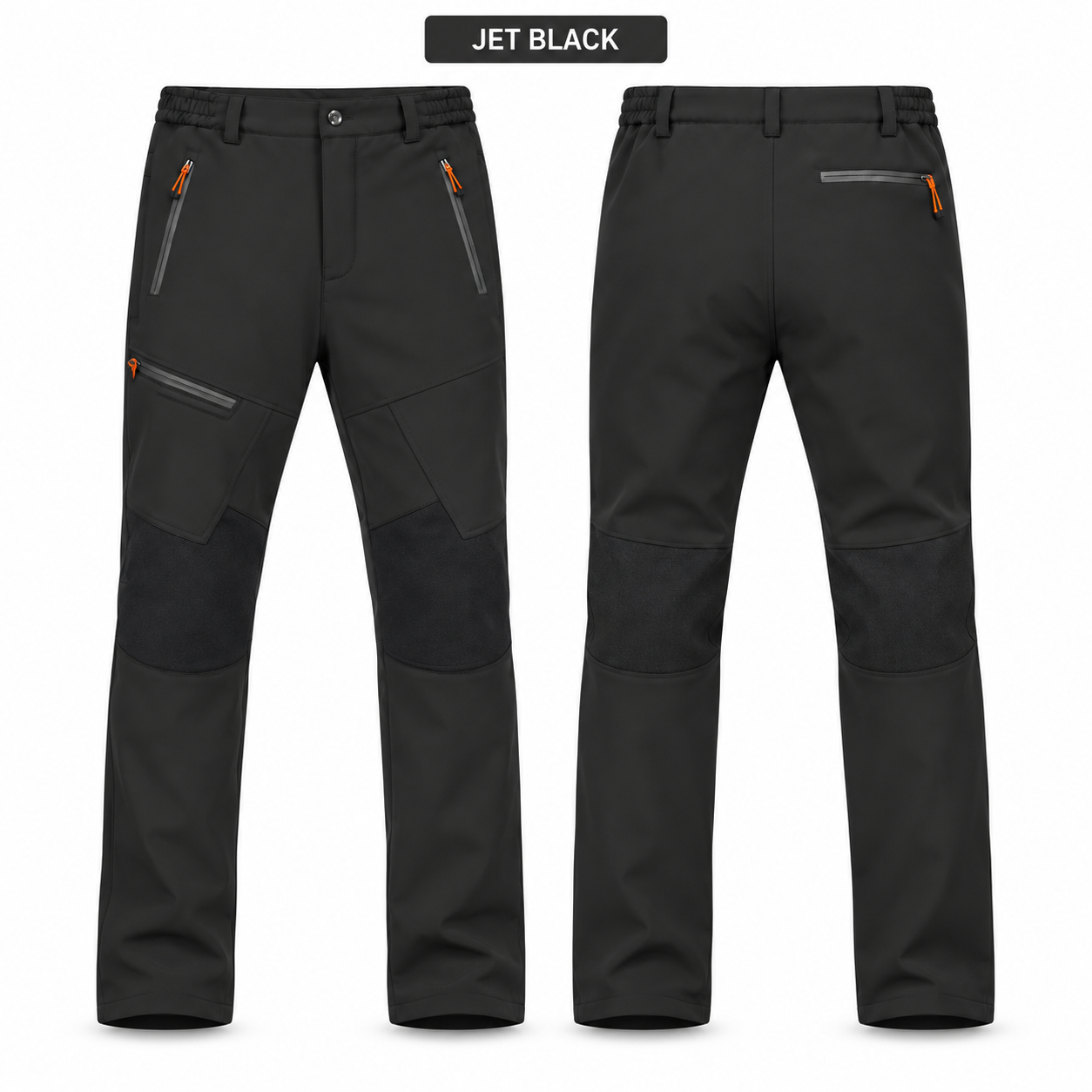Jet Black fleece-lined softshell winter pants, front and back product views, no price