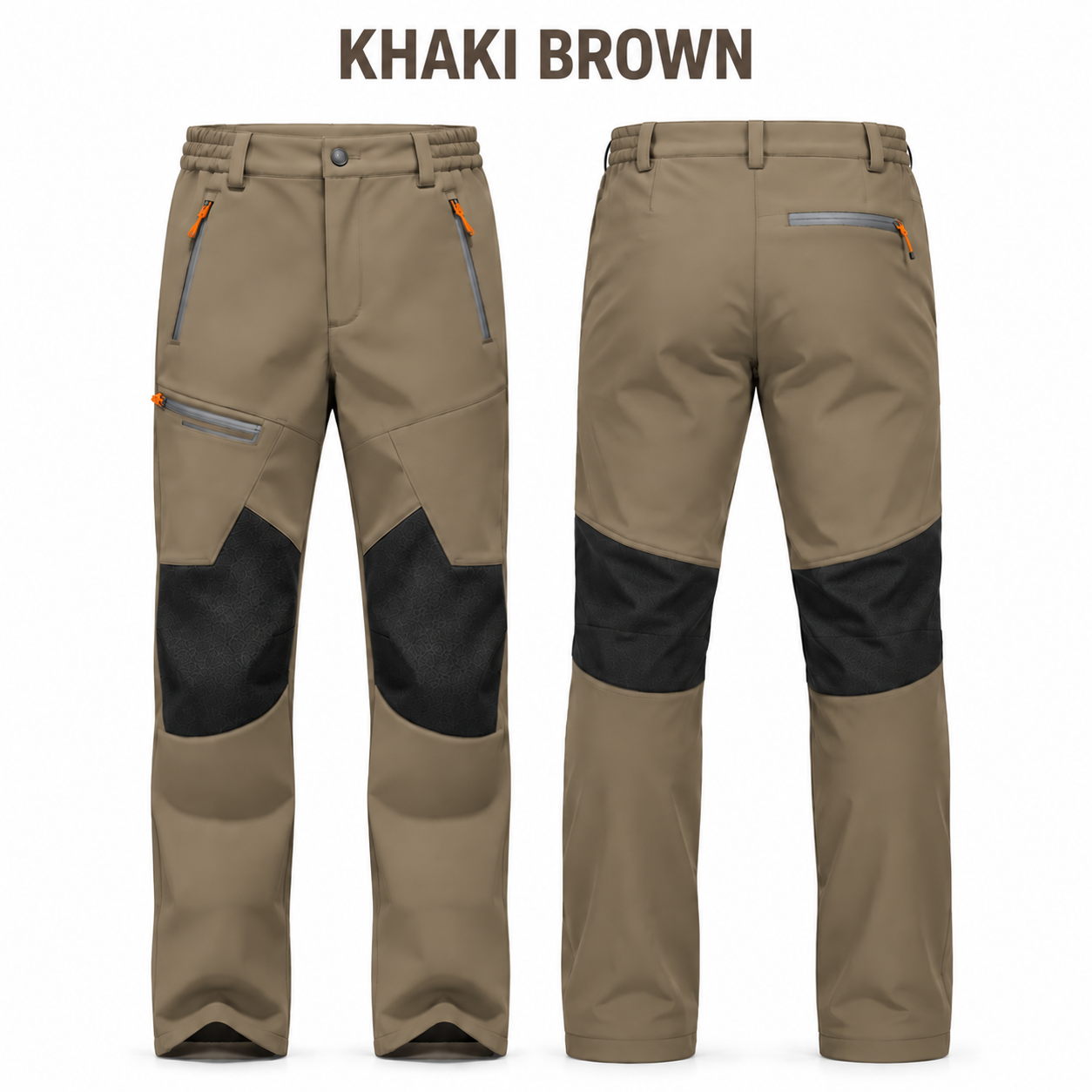 Khaki Brown fleece-lined softshell winter pants, front and back product views, no price