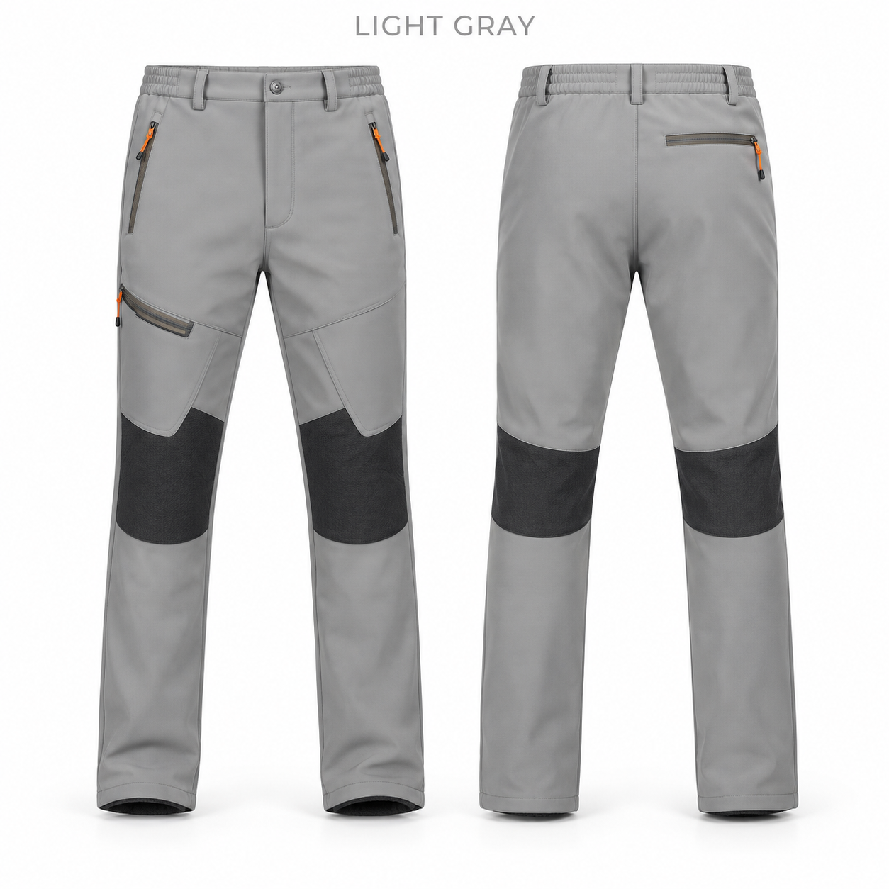 Light Gray fleece-lined softshell winter pants, front and back product views, no price