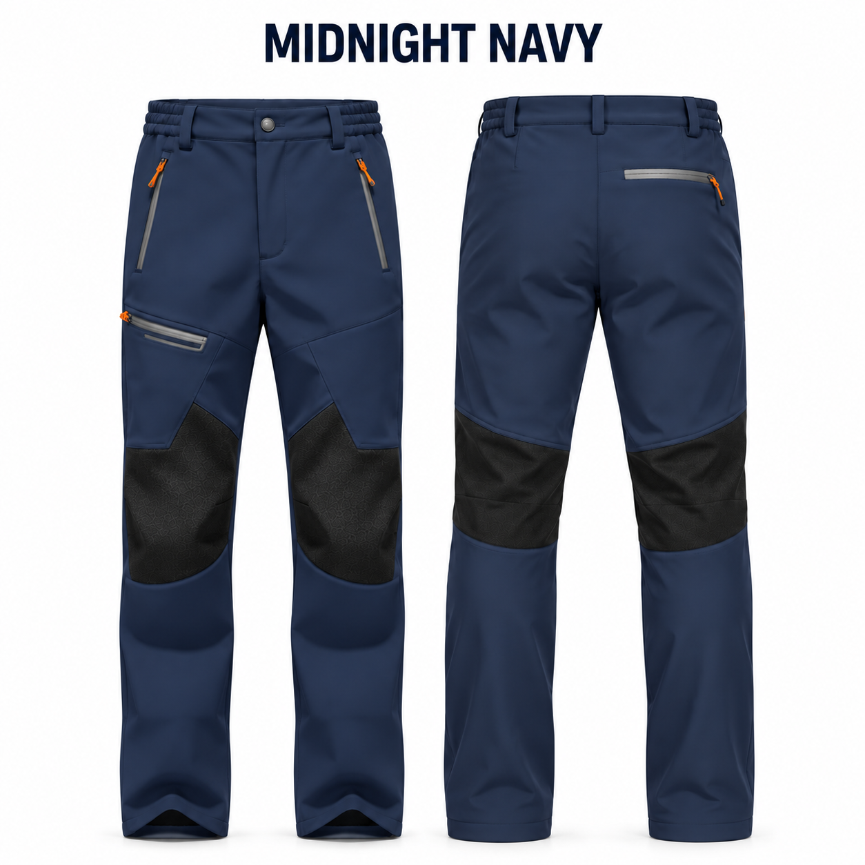 Midnight Navy fleece-lined softshell winter pants, front and back product views, no price