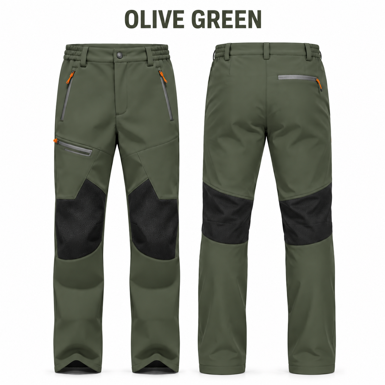Olive Green fleece-lined softshell winter pants, front and back product views, no price
