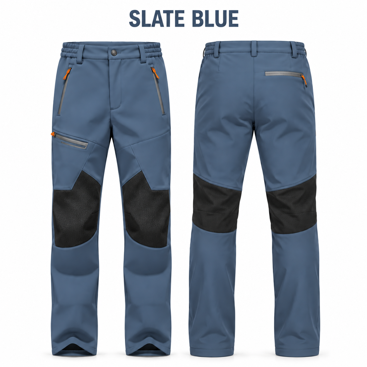 Slate Blue fleece-lined softshell winter pants, front and back product views, no price