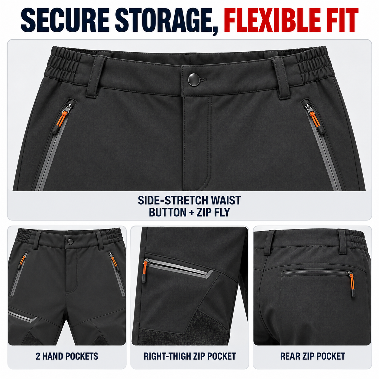 Side-stretch waist, button and zip fly, two hand pockets, right-thigh zipper pocket and right-rear zipper pocket