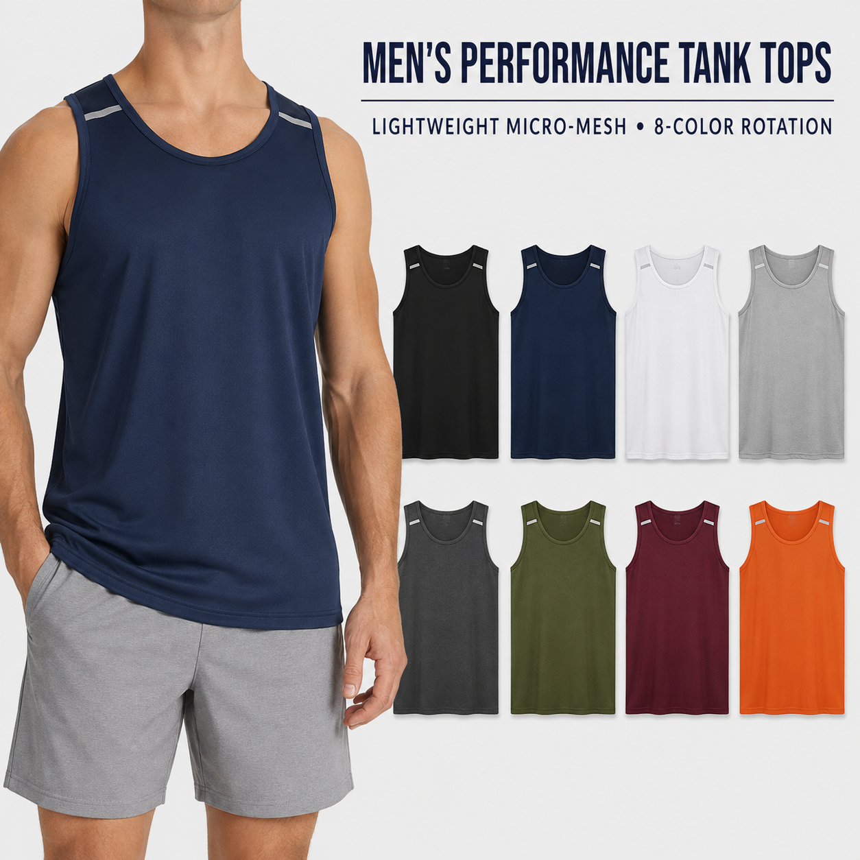 Men's lightweight micro-mesh tank top multipacks in eight colors