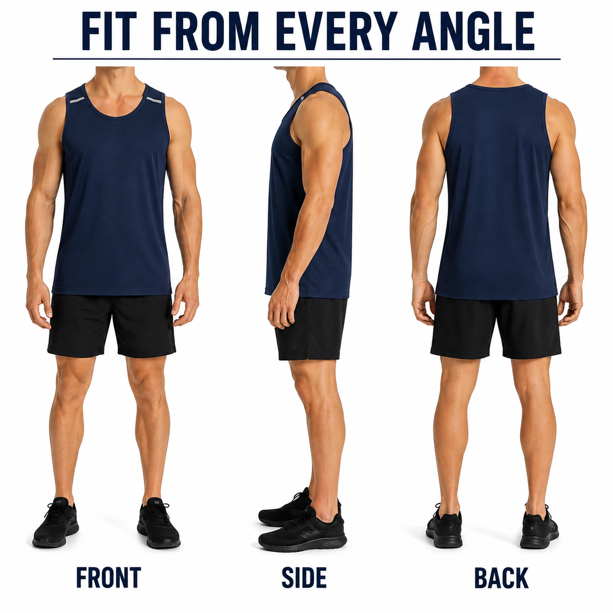 Navy micro-mesh tank top faceless front side and plain back fit views