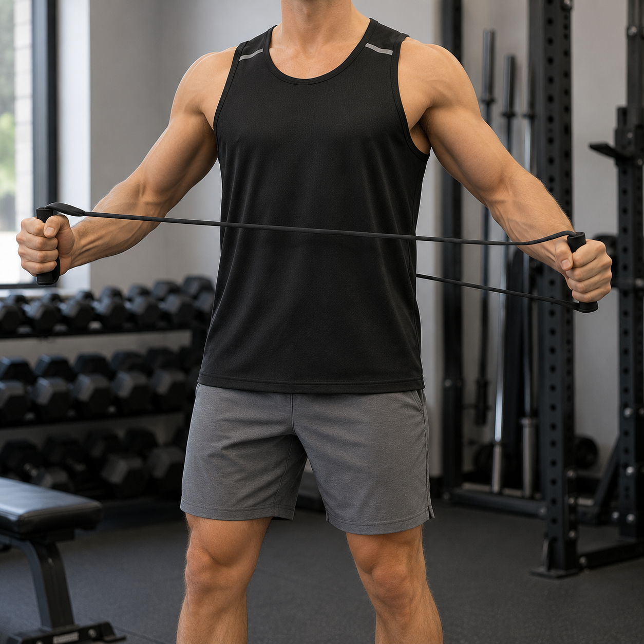 Black micro-mesh athletic tank top in a faceless gym warm-up