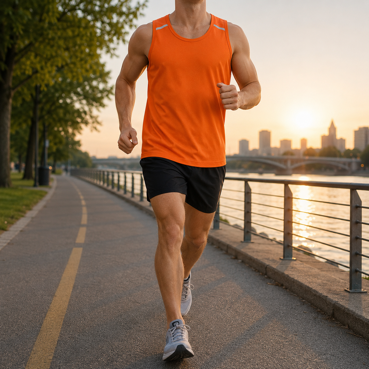 Orange micro-mesh athletic tank top in a faceless running scene