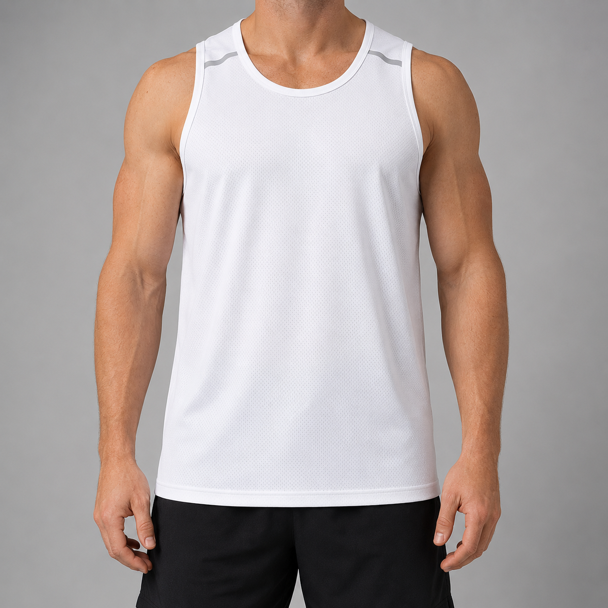 White micro-mesh tank top close on-body view with bound neckline and armholes