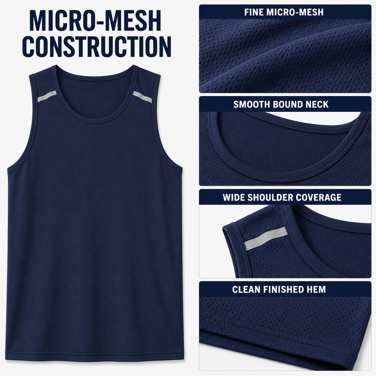 Micro-mesh tank top fabric neckline shoulder coverage and hem construction